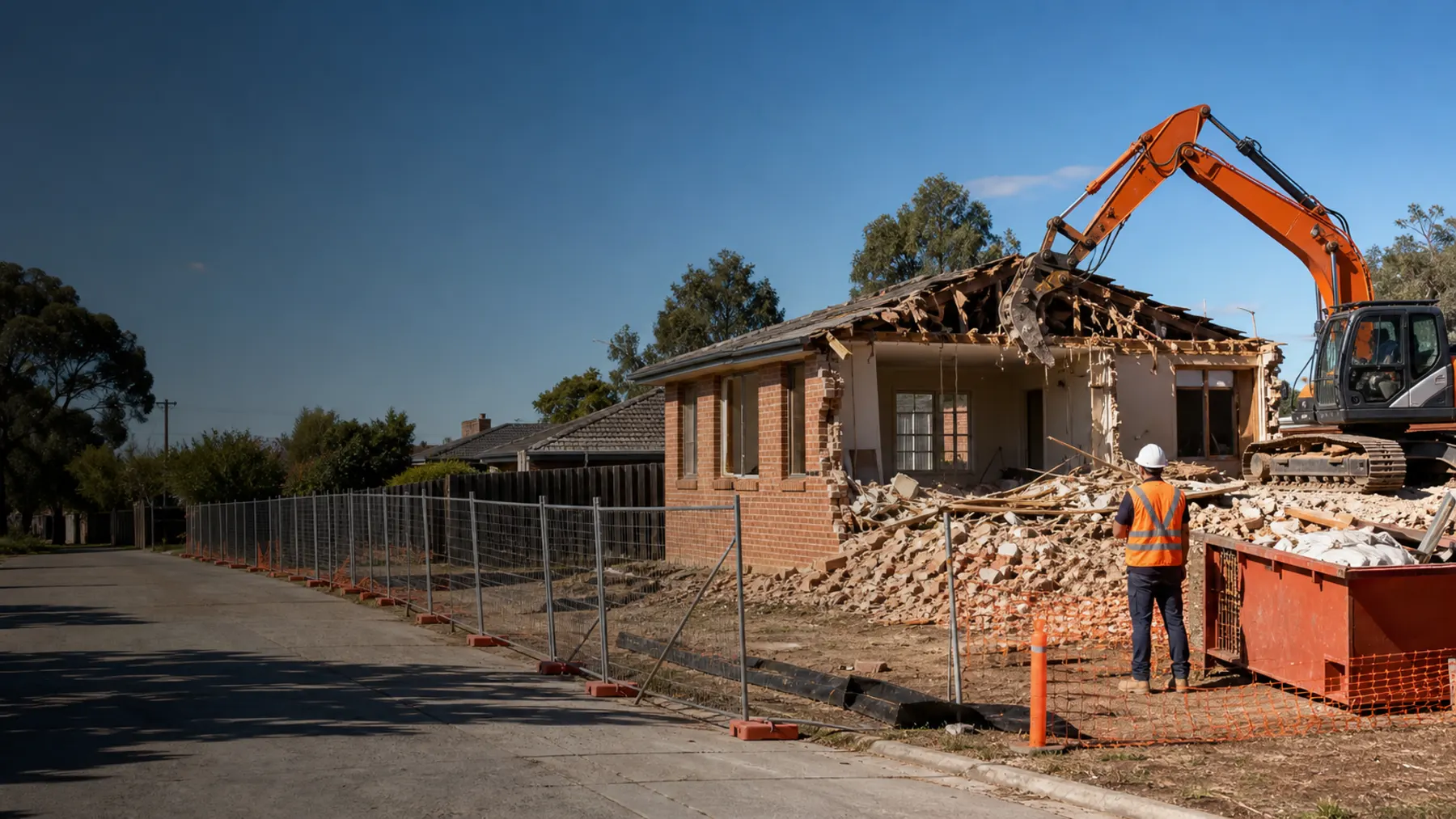 Pro Demolition Melbourne house demolition worksite with excavator and safety fencing